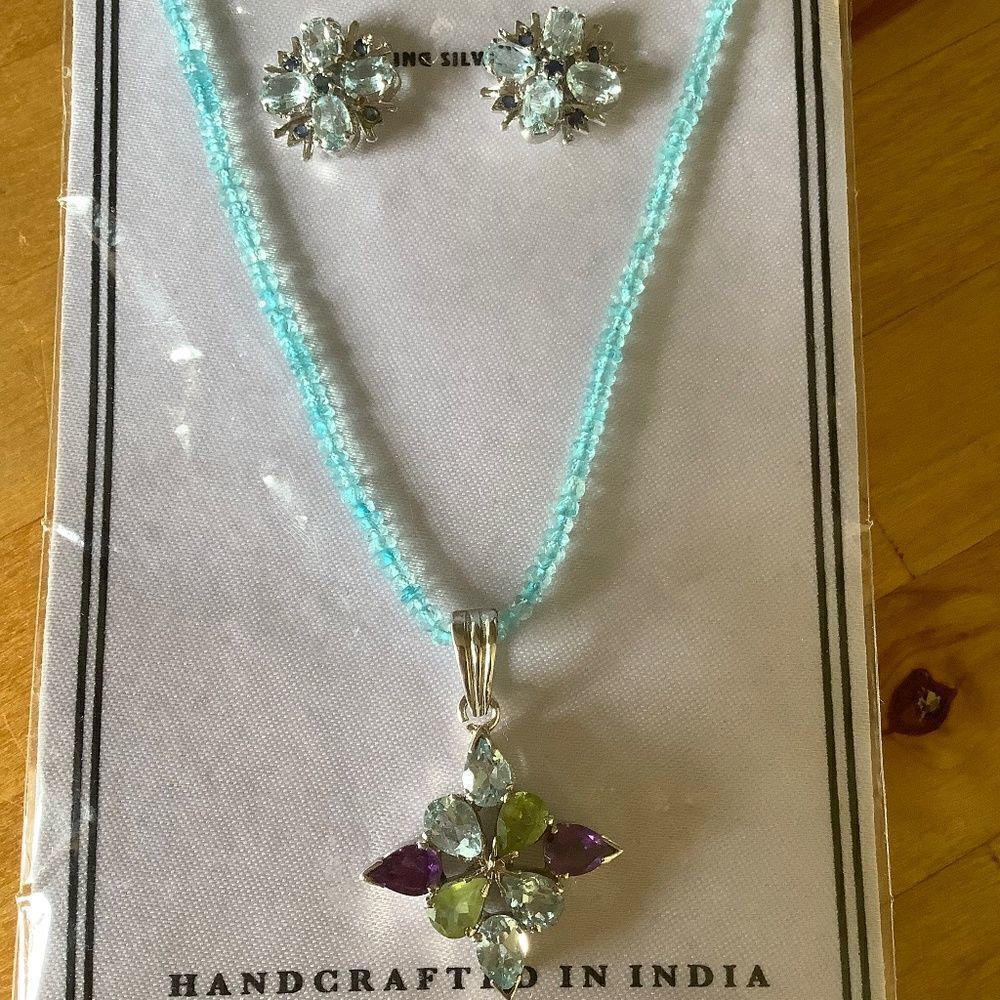 𝅺STERLING SILVER 925 BLUE TOPAZ AMETHYST PERIDOT NECKLACE/EARRINGS SET​​